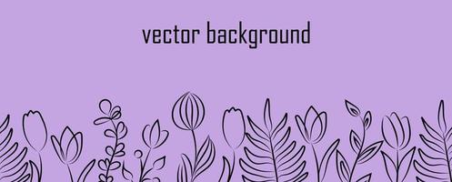 Vector linear abstract banner. Wallpaper in a minimalist style for spring and summer with botanical leaves and flowers, organic shapes. For poster, poster, background, postcard, website and packaging.