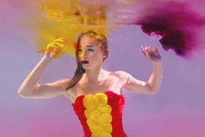 Surreal portrait of young attractive woman with air bubbles underwater in colorful water with ink in the swimming pool photo