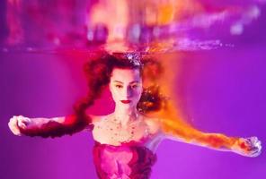 Surreal portrait of young attractive woman with air bubbles underwater in colorful water with ink in the swimming pool