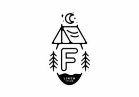 Black line art illustration of camping tent badge with F letter vector