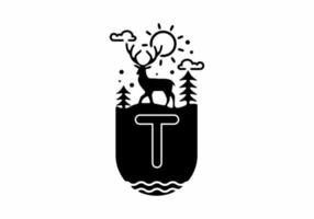 Black line art illustration of deer badge with T initial name in the middle vector