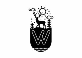 Black line art illustration of deer badge with W initial name in the middle vector