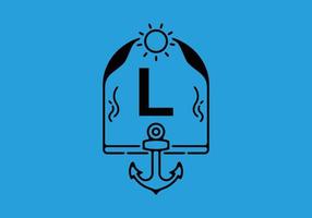 Black line art illustration of L initial letter in anchor frame vector