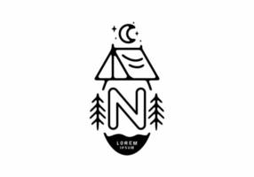 Black line art illustration of camping tent badge with N letter vector