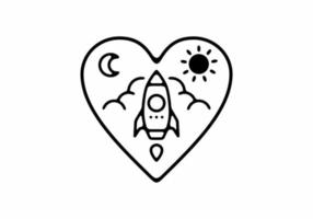ilustración de arte de línea negra de cohete en forma de amor vector