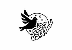 Black line art illustration of skeleton hand and bird vector