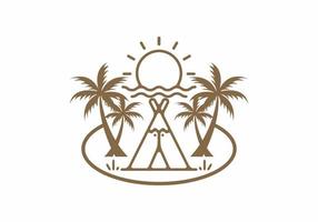 Brown color line art of camping text and coconut tree vector