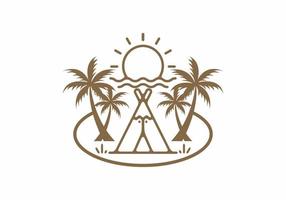 Brown color line art of camping text and coconut tree vector