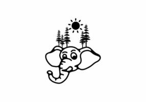 ilustración de arte de línea negra de cabeza de elefante y pinos vector
