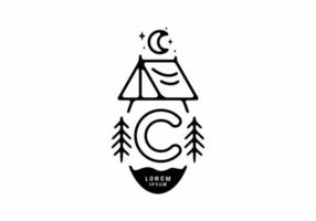 Black line art illustration of camping tent badge with C letter vector
