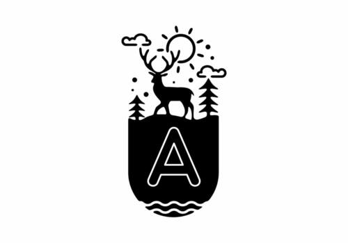 Black line art illustration of deer badge with A initial name in the middle vector