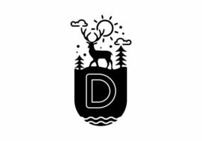 Black line art illustration of deer badge with D initial name in the middle vector