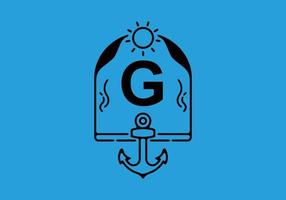 Black line art illustration of G initial letter in anchor frame vector