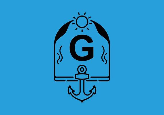 Black line art illustration of G initial letter in anchor frame