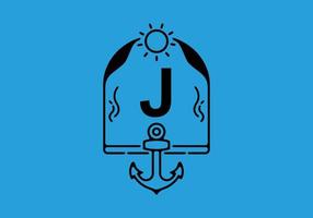 Black line art illustration of J initial letter in anchor frame vector