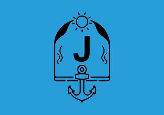 Black line art illustration of J initial letter in anchor frame