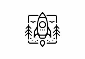 Black line art illustration of flying rocket in square shape vector