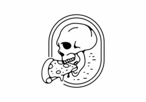 Black line art illustration of skeleton head and pizza