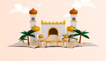 Luxury ramadan greeting background banner with 3d podium gift boxes and islamic decoration objects photo