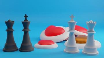 feliz día de san valentín, fondo con corazones de galleta y rey y reina de ajedrez, imagen 3d, representación 3d foto