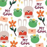 seamless pattern hand drawing bunny, frog, flower and letter for kids wallpaper, fabric print, textile, gift wrap paper vector