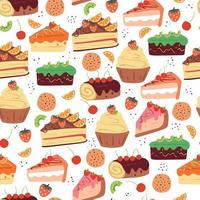 pastel y postre de dibujos animados de dibujo a mano de patrones sin fisuras. para papel pintado de alimentos, textil, estampado de tela, papel de regalo vector