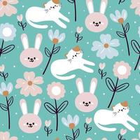 seamless pattern hand drawing cartoon cat, bunny and flower. for kids wallpaper, textile, fabric print, gift wrapping paper vector
