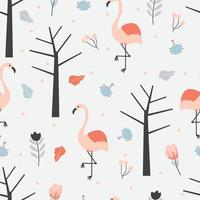 mano de patrones sin fisuras dibujo dibujos animados flamingo y planta. para papel pintado infantil, textil, estampado de tela, papel de regalo vector