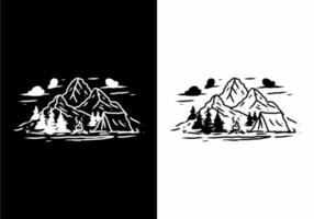Black and white illustration drawing of mountain and camping tent vector