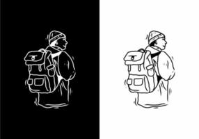 Black and white illustration drawing of man with backpack vector