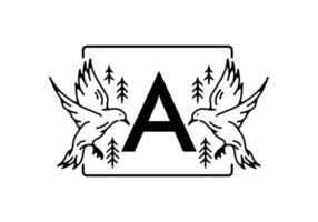 Black color of bird line art with A initial letter vector