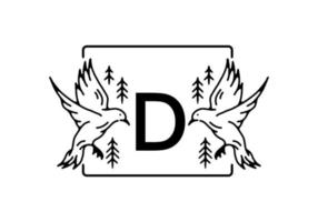 Black color of bird line art with D initial letter vector