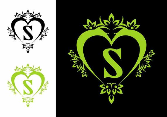 Black green S initial letter in love shape frame