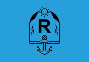 Black line art illustration of R initial letter in anchor frame vector