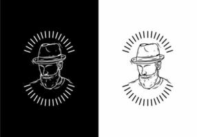 arte lineal en blanco y negro de un hombre con barba que lleva una insignia de sombrero vector