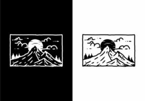 Black and white illustration drawing of mountain in rectangle shape vector