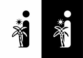 Black and white of i initial letter with coconut tree and sun vector