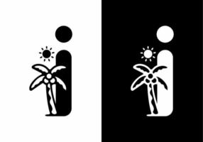 Black and white of i initial letter with coconut tree and sun vector