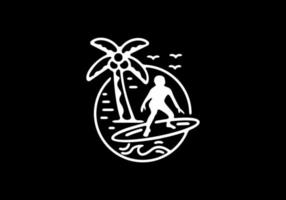 tatuaje de ilustración de árbol de coco y surfista en blanco y negro vector