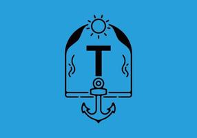 Black line art illustration of T initial letter in anchor frame vector