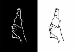 Black and white line art drawing of hand holding bottle vector