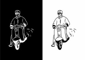 Black and white illustration drawing of man with scooter vector