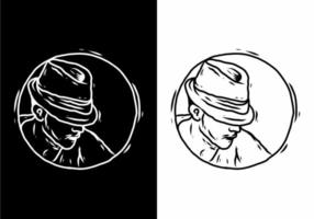 Black and white line art of man wearing hat vector