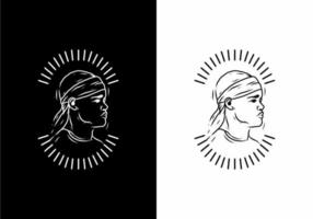 Black and white line art of man wearing durag badge vector