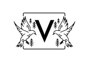 Black color of bird line art with V initial letter vector