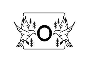 Black color of bird line art with O initial letter vector