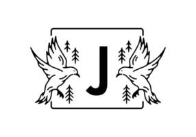 Black color of bird line art with J initial letter vector