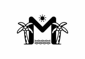 Black color of M initial letter with coconut tree and sun vector