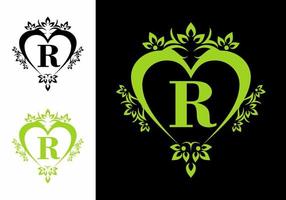 Black green R initial letter in love shape vector