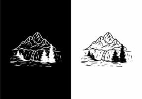 dibujo de ilustración de arte de línea en blanco y negro de montaña y cascada vector